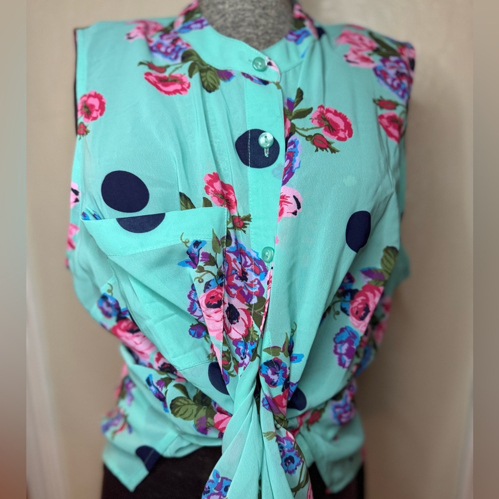 Nanette Lepore L Amour Aqua Floral Button-Down Sleeveless Hi-Lo Blouse